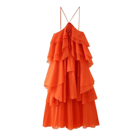 Damen Halterneck Rückenfreies Maxikleid Gestufter Stufenrock Mit 3D Blumendekoration Sommerurlaub Party Sexy Kleid