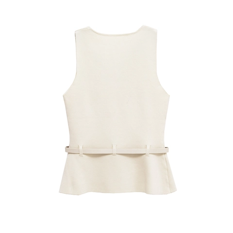 Conjunto Elegante de Punto para Mujer Sin Mangas Cuello en U Top Peplum y Falda Midi con Abertura y Cinturón Beige Punto
