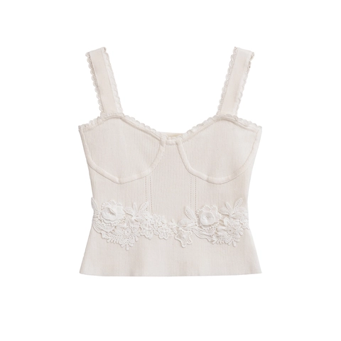 Dames Franse Vintage Ribgebreide Tanktop Slim Fit Bloemen Kant Applicatie Camisole Golvende Rand Korset Stijl Top