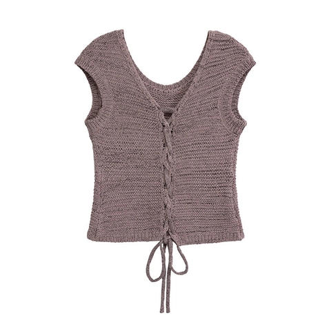 Women Casual Sleeveless Knitted Vest And Shorts Set Lace Up Round Neck Gray Purple Streetwear Knitwear Outfit