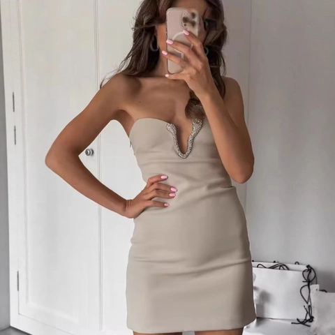 Sexy Women Strapless Rhinestone V Neck Mini Dress Solid Color Slim Fit Sleeveless Party Club Bodycon Dress