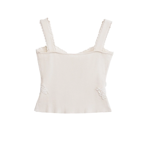 Dames Franse Vintage Ribgebreide Tanktop Slim Fit Bloemen Kant Applicatie Camisole Golvende Rand Korset Stijl Top