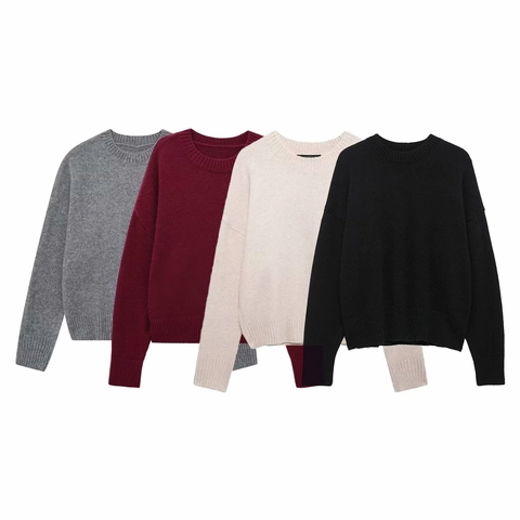 Maglione a Maglia da Donna Casual Girocollo Manica Lunga Spalla Cadente Tinta Unita Pullover con Bordi a Costine Moda Autunno Inverno