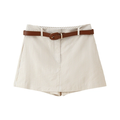Women's High Waisted Pinstripe Shorts With Belt Casual Polyester Spandex Elegant Skorts For Summer Office Daily Wear