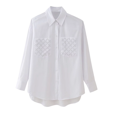Chemise Blanche Élégante pour Femmes Poches Décorées de Strass et Rivets Manches Longues Revers Chemisier Monopetto