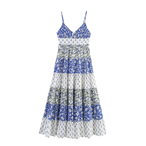 Women V Neck Spaghetti Strap Tiered Patchwork Print Midi Dress Summer Bohemian Floral Patchwork Sleeveless A-Line Sun Dress