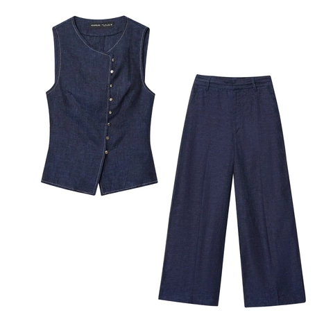 Damen Casual Dunkelblau Denim Stil Zweiteiler Ärmellos Asymmetrisch Knopf Weste Und Hohe Taille Weite Hose Set