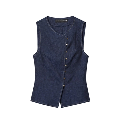 Damen Casual Dunkelblau Denim Stil Zweiteiler Ärmellos Asymmetrisch Knopf Weste Und Hohe Taille Weite Hose Set