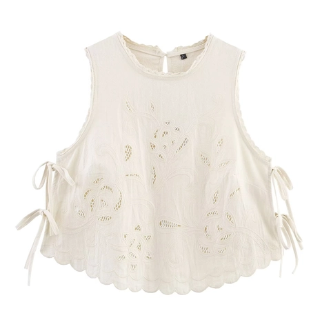 Haut Sans Manches Femme Broderie Florale Nœud Latéral Ourlet Festonné Mélange de Coton Élégante Blouse Été Col Rond