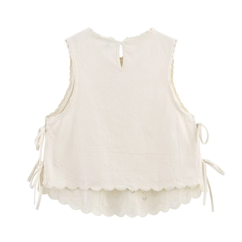 Haut Sans Manches Femme Broderie Florale Nœud Latéral Ourlet Festonné Mélange de Coton Élégante Blouse Été Col Rond