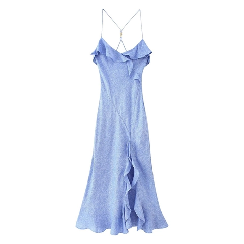 Women Elegant Pale Blue Linen Blend Ruffled Cami Midi Dress V Neck Crossover Open Back A-Line Vacation Summer Sleeveless Dress