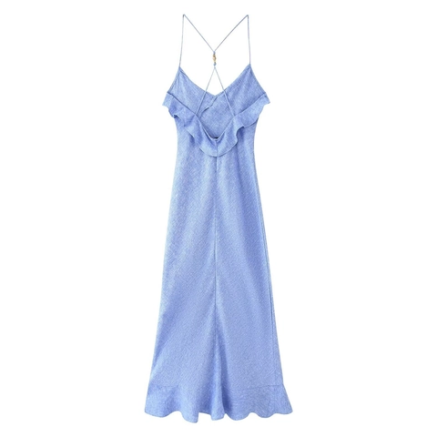 Women Elegant Pale Blue Linen Blend Ruffled Cami Midi Dress V Neck Crossover Open Back A-Line Vacation Summer Sleeveless Dress