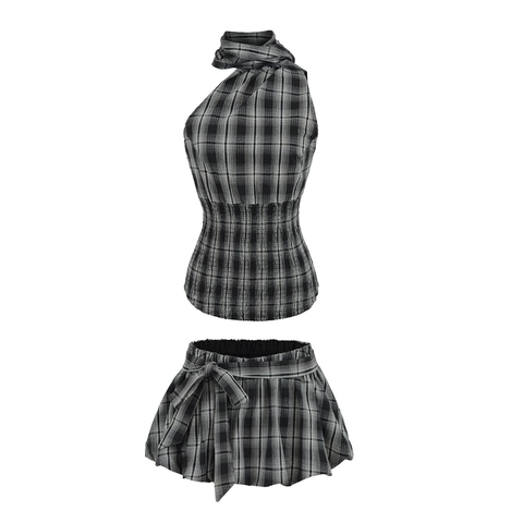 Dames Plaid Halter Top En Geplooide Mini Rok Set Sexy Y2K Mouwloos Gesmokte Taille Tweedelige Outfit Streetwear Kleding