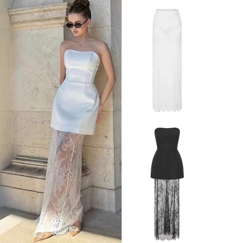 Dames Elegante Strapless Satin Top En Hoge Taille Bloemen Kant Maxi Rok Patchwork Sexy Tweedelige Avondfeest Outfits
