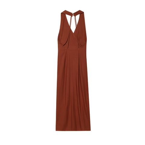 Dames Neckholder Midi Jurk Elegant Open Rug V-hals Linnenmix Zijsplit Met Gouden Gesp Zomervakantie Feestjurk