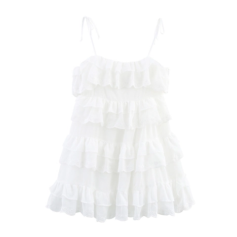 Abito Midi Donna Elegante Bianco Pizzo Inglese a Balze Dolce Senza Maniche Lacci sulla Spalla Schiena Scoperta per Festa