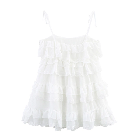 Abito Midi Donna Elegante Bianco Pizzo Inglese a Balze Dolce Senza Maniche Lacci sulla Spalla Schiena Scoperta per Festa