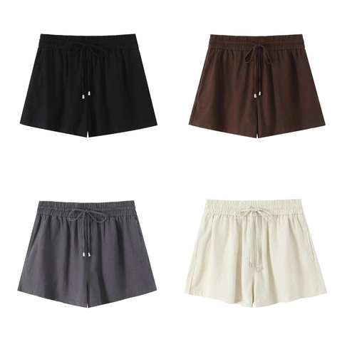 Dames Casual Linnenmix Shorts Hoge Taille Elastisch Trekkoord Zomer Strand Losse Hot Pants Comfortabele Ademende Broeken