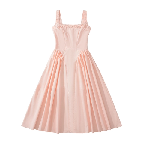 Women's French Sweet Square Neck Sleeveless Pleated Midi Dress Pink High Waist Casual A-Line Sundress