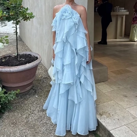 Elegant Halter Maxi Dress With 3D Flower Decoration Multi-Layer Ruffle Tiered Chiffon Look Wedding Party Vacation For Women