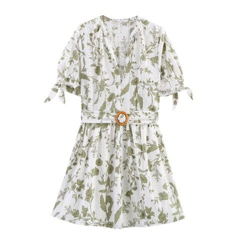 French Vintage V-Neck Floral Print Midi Dress For Women Summer Short Puff Sleeve Broderie Anglaise Hollow Embroidery Dress
