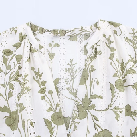 French Vintage V-Neck Floral Print Midi Dress For Women Summer Short Puff Sleeve Broderie Anglaise Hollow Embroidery Dress