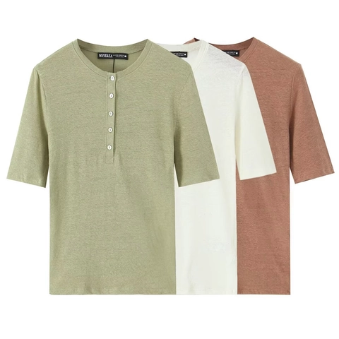 Women Casual Henley Neck Short Sleeve T-Shirt Linen Blend Solid Color Round Neck Button Down Summer Basic Tee Top