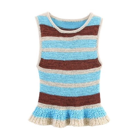 Chaleco de Punto a Rayas Vintage para Mujer Color de Contraste Sin Mangas Cuello Redondo Top con Dobladillo Peplum Casual Primavera Verano