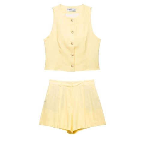 Conjunto de Dos Piezas para Mujer Elegante Chaleco Sin Mangas Y Pantalones Cortos de Cintura Alta Verano Casual Amarillo Pálido