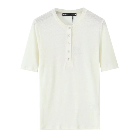 Women Casual Henley Neck Short Sleeve T-Shirt Linen Blend Solid Color Round Neck Button Down Summer Basic Tee Top