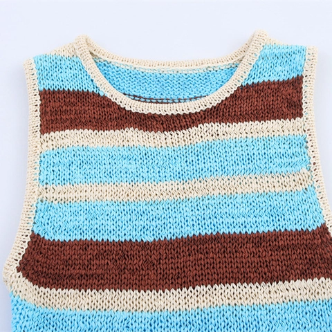 Chaleco de Punto a Rayas Vintage para Mujer Color de Contraste Sin Mangas Cuello Redondo Top con Dobladillo Peplum Casual Primavera Verano