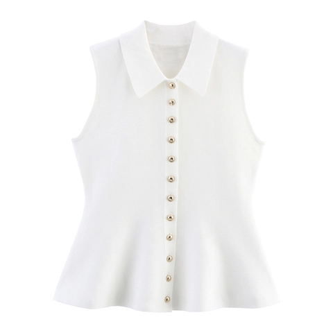 Women Elegant White Knitted Vest Sleeveless Polo Collar Top With Gold Buttons Slim Fit Peplum Hem Casual Knitwear