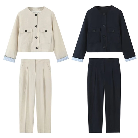 Damen Casual Leinenmischung Jacke Und Weites Bein Hose Einfarbig Knopf Kurzmantel Hohe Taille Gerade Hose Set