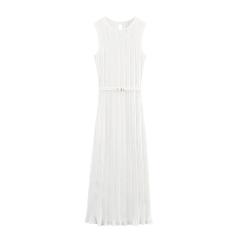 Women Sleeveless White Knit Maxi Dress With Belt Elegant Hollow Out Crochet Long Dress For Summer Vacation Casual Style
