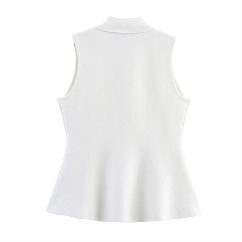 Women Elegant White Knitted Vest Sleeveless Polo Collar Top With Gold Buttons Slim Fit Peplum Hem Casual Knitwear
