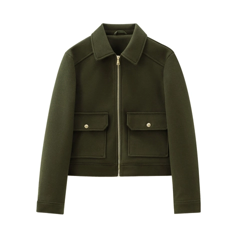 Giacca Donna Corta con Cerniera Effetto Lana Elegante Rever Tasche Cargo Cappotto Tinta Unita Manica Lunga Giacca Larga