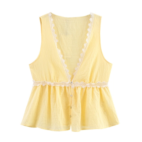 Haut sans Manches Doux pour Femme Patchwork en Dentelle Élégant Col en V Ourlet à Volants Jaune Polyester Blouse Décontractée