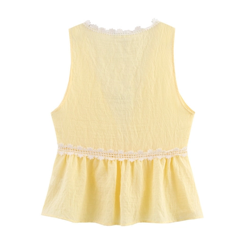 Haut sans Manches Doux pour Femme Patchwork en Dentelle Élégant Col en V Ourlet à Volants Jaune Polyester Blouse Décontractée