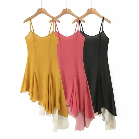 Abito da Donna a Canotta con Orlo Asimmetrico e Volant Patchwork Senza Maniche Scollo a V Midi per Festa Vacanza