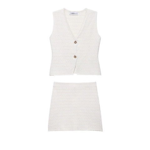 Conjunto de Chaleco de Punto Y Minifalda para Mujer Elegante Cuello en V Botón Sin Mangas Casual Blanco Roto Ajustado Traje de Moda