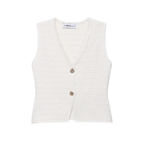 Conjunto de Chaleco de Punto Y Minifalda para Mujer Elegante Cuello en V Botón Sin Mangas Casual Blanco Roto Ajustado Traje de Moda