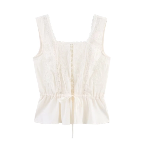 Damen Französischer Vintage Eckiger Ausschnitt Schößchen Top Sexy Spitze Blumenstickerei Ärmellose Bluse Kordelzug Sommer