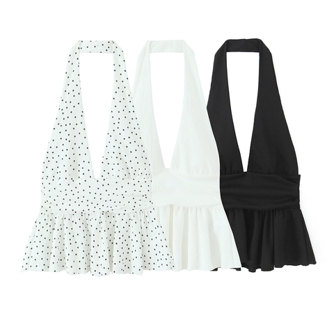 Women French Halter V Neck Sleeveless Top Ruffled Peplum Hem Chiffon Camisole For Summer Party Polka Dot Solid Casual Shirt