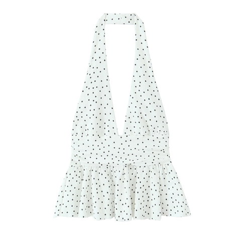 Women French Halter V Neck Sleeveless Top Ruffled Peplum Hem Chiffon Camisole For Summer Party Polka Dot Solid Casual Shirt