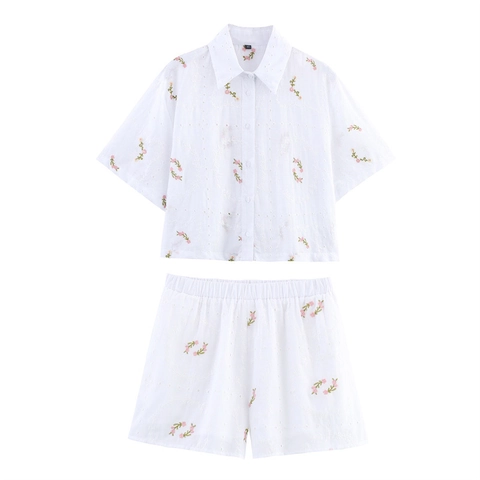 Atuendo de Mujer Blanco Mezcla Algodón Camisa Y Pantalones Cortos Calados Bordado Floral Camiseta Manga Corta Botones Cintura Elástica Verano