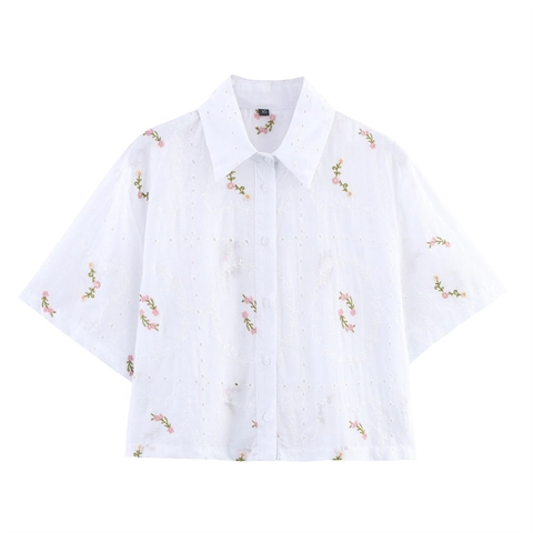 Atuendo de Mujer Blanco Mezcla Algodón Camisa Y Pantalones Cortos Calados Bordado Floral Camiseta Manga Corta Botones Cintura Elástica Verano