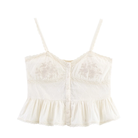 Damen Retro Off-White Baumwollmischung Unterhemd Top Blumenstickerei Spitzenbesatz V-Ausschnitt Knöpfe Schößchen Cami Top