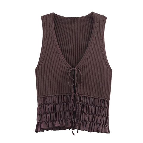 Women V Neck Ruffle Peplum Knit Vest Sleeveless Solid Color Ribbed Drawstring Knitted Top Casual Streetwear Fashion Waistcoat