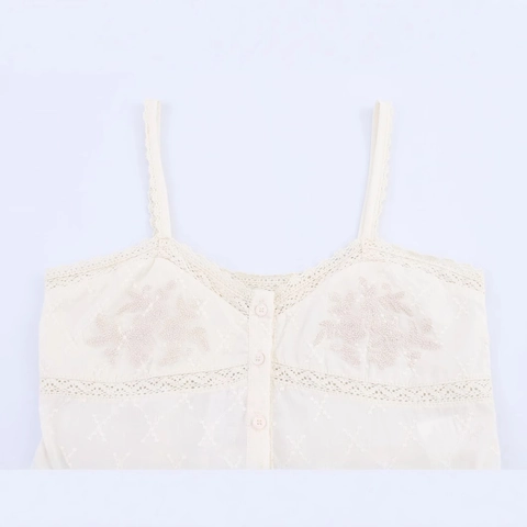 Damen Retro Off-White Baumwollmischung Unterhemd Top Blumenstickerei Spitzenbesatz V-Ausschnitt Knöpfe Schößchen Cami Top