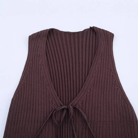 Women V Neck Ruffle Peplum Knit Vest Sleeveless Solid Color Ribbed Drawstring Knitted Top Casual Streetwear Fashion Waistcoat